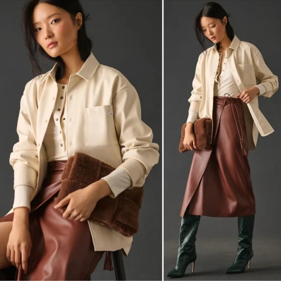 New! MOTHER The Roomie Frenchie Faux Leather Button Down Shirt Longline Shacket - Picture 1 of 5